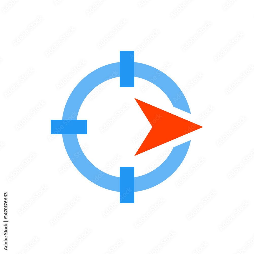 Poster illustration of a blue circular target with rectangular markers and an orange arrow pointing rightwa