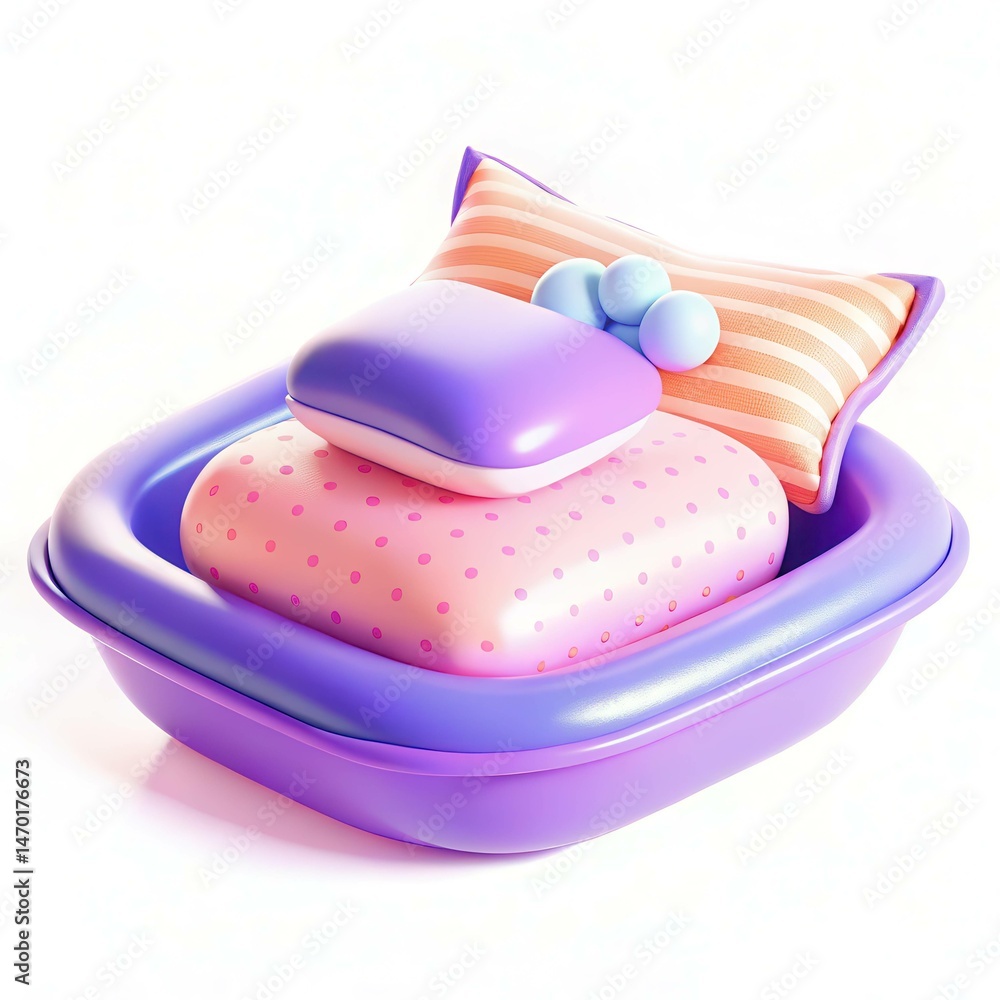 Poster a colorful arrangement of cushions in various shapes and sizes, featuring vibrant patterns and textu