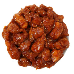 Delicious plate of sweet and savory chicken coated in flavorful sauce.