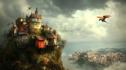 Obraz premium Fantasy castle cliffside with dragon soaring over landscape