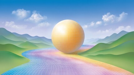 Futuristic landscape illustration featuring abstract sphere in serene nature setting with vibrant colors and design elements