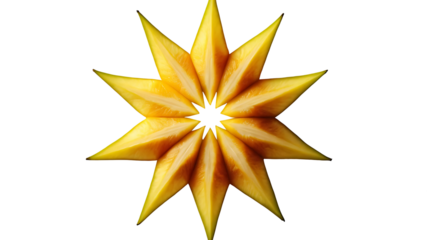 Yellow mango slices arranged in a star shape on black background food photography fruit dessert healthy diet 100 on transparent background