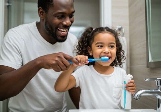 A father helping his daughter brush her teeth in a bright bathroom with a happy expression on their faces