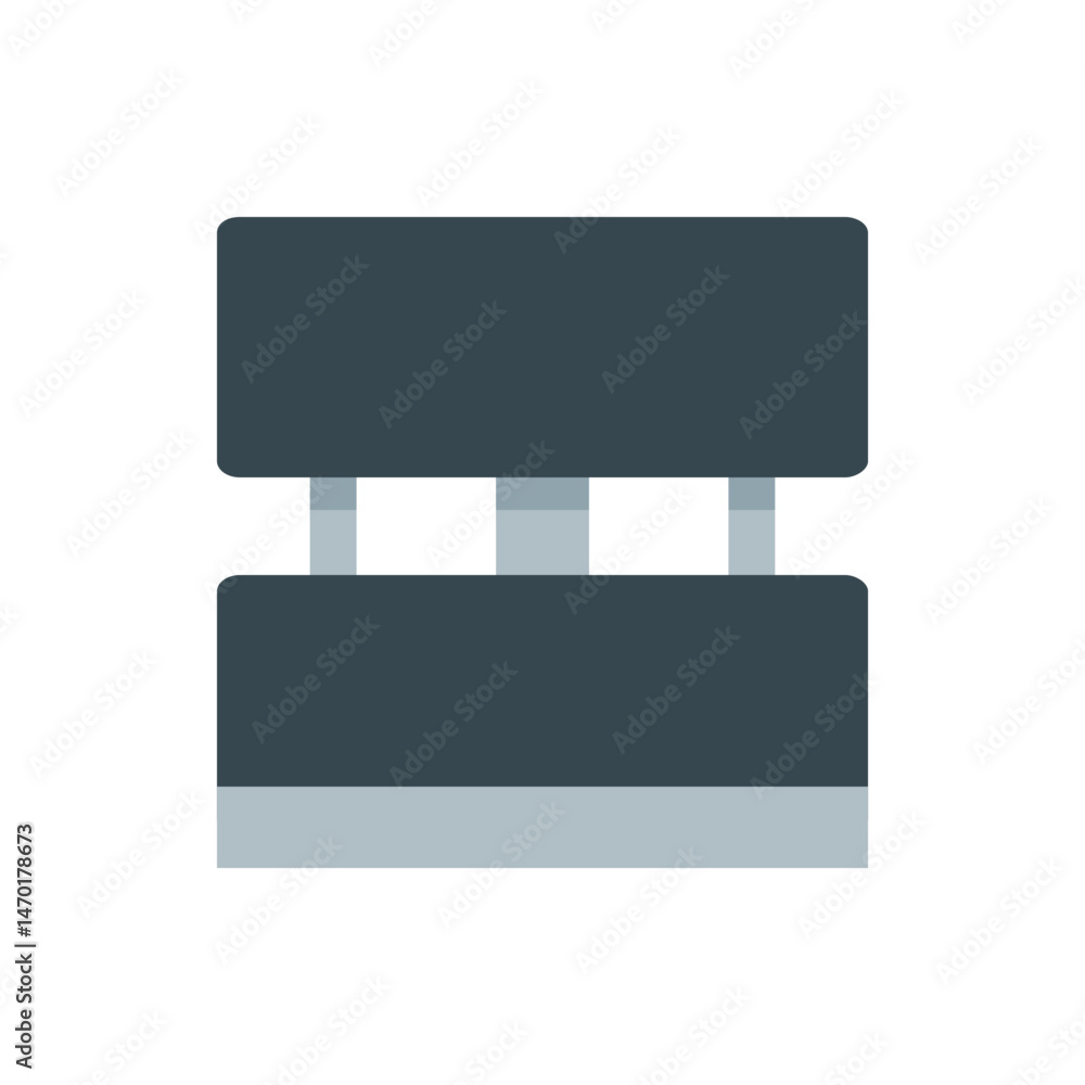 Poster two rectangular shapes stacked vertically connected by three narrow pillars in a simple design style