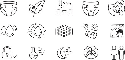 Diaper features editable stroke outline icons set isolated on white background flat vector illustration. 