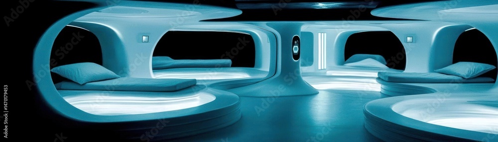 Poster futuristic looking interior featuring several beds and unique architecture design