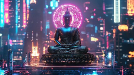 Cyberpunk Buddha Serenity in the Neon City