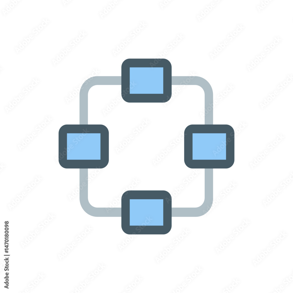 Poster illustration of a square network with four blue nodes connected by gray rounded corner lines forming