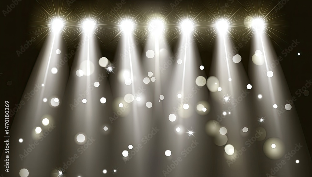 Poster bright spotlights illuminate a stage with shimmering particles. light beams descend on a dark backgr