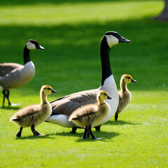 Obraz premium Selective focus shot of Canada geese with goslings