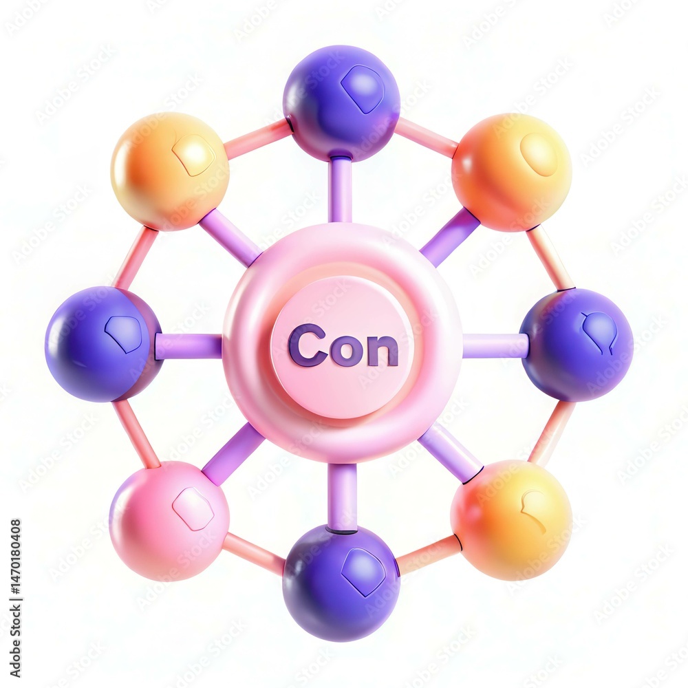 Poster a colorful stylized 3d model representing connections, featuring orbs of varying colors and a centra