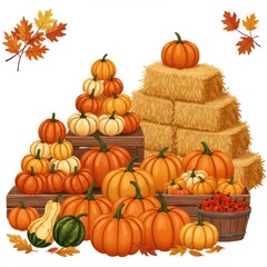 Autumn Harvest Scene with Pumpkins and Hay Bales
