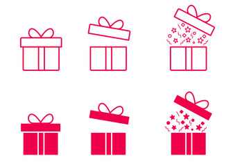 Set of gift box with ribbon. Box line icons. Surprising gift box. Vector illustration.