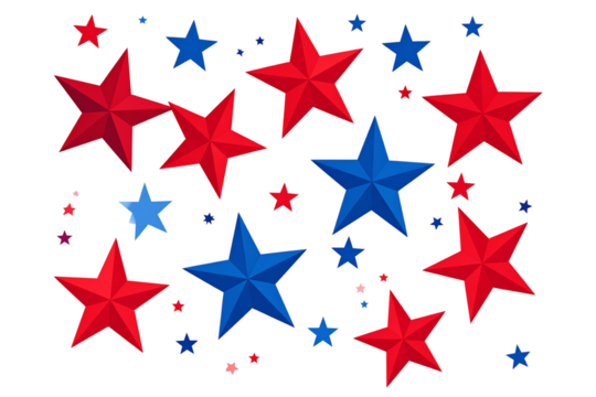  6 red stars and 1 blue star flying, transparent background