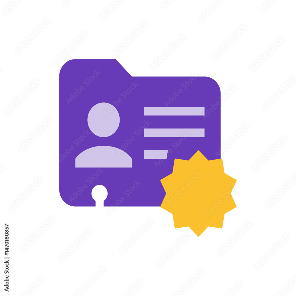 Poster purple folder with a person icon and text lines, accompanied by a yellow starburst shape design elem