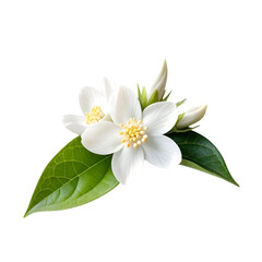 Fototapeta premium Jasmine Flower Arrangement With Green Leaves On A White Background