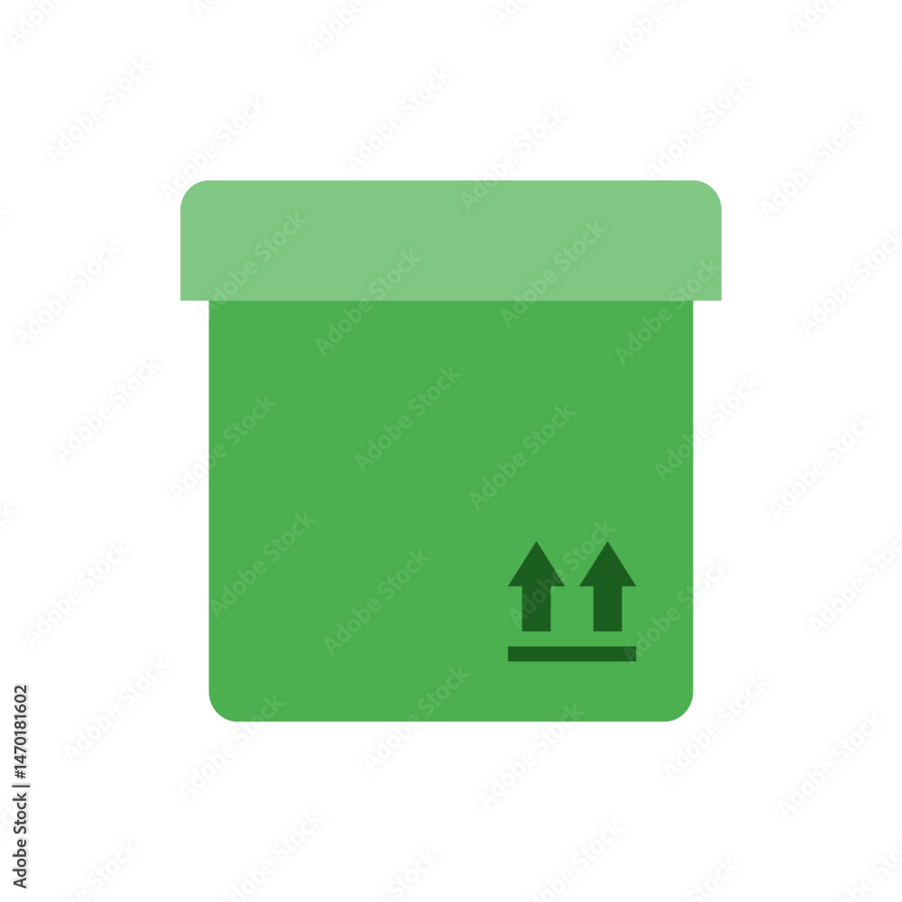 Poster illustration of a green square box with a lid and two upward arrows indicating package orientation c