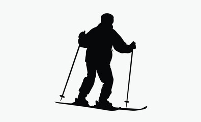 Naklejka premium skier silhouette vector, downhill ski pose, winter sport stance, black white skier, dynamic slope motion, snow athlete icon