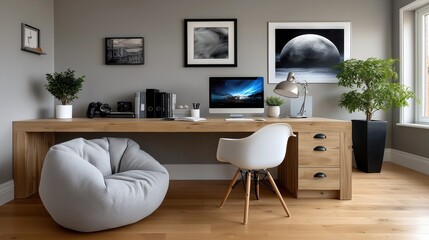 Modern office desk setup with desktop computer and minimalistic design for productive workspace