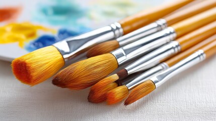 Close-Up of Artist Paintbrushes and Colorful Palette of Paints on Textured Surface