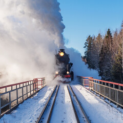 Retro steam train arrives at winter.