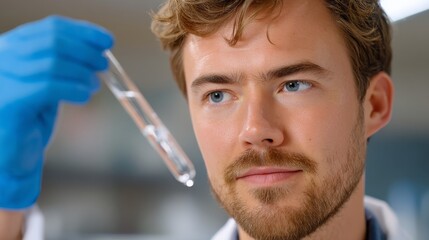 Naklejka premium Focused Young Scientist Examining Test Tube in Laboratory with Blue Gloves and White Lab Coat