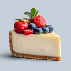 A slice of cheesecake topped with fresh berries