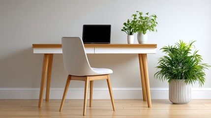 Minimalist Home Office with a Sleek Desk, Laptop, and Potted Plants Creating a Serene Workspace Atmosphere