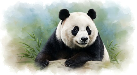 Naklejka premium Giant Panda Resting Peacefully Watercolor Painting Style on Branch Amidst Bamboo Shoots against Soft Background for Conservation