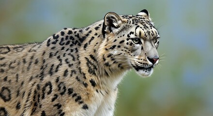 Obraz premium Captivating Snow Leopard Portrait: Pristine Fur and Keen Gaze Against a Soft, Blurry Background, Enhanced Digital Art