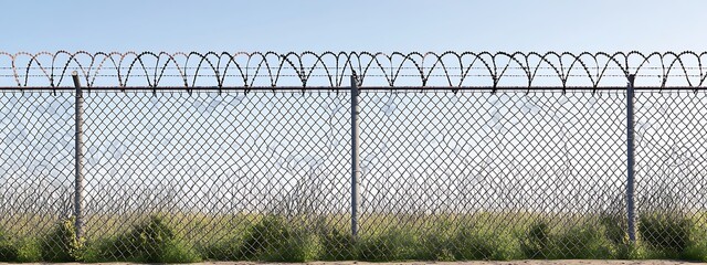 Chain link fence with barbed wire under blue sky, security concept