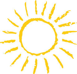 Cute yellow sun like kid drawing . Painted with pastel crayons or wax pencil sunny icon. Rough chalk texture vector illustration in children style. Design elements. Summer sky symbol.