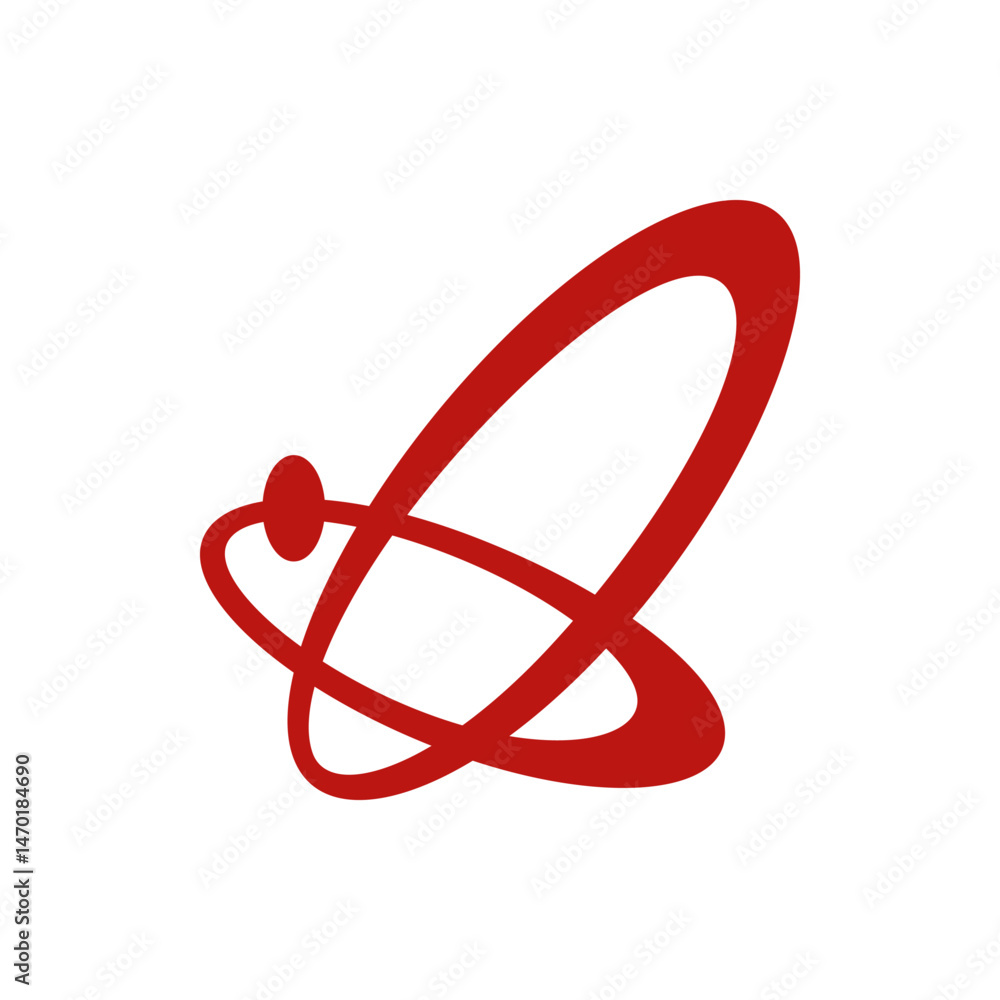 Poster abstract red atom symbol with elliptical orbits and a single electron on a white background design e