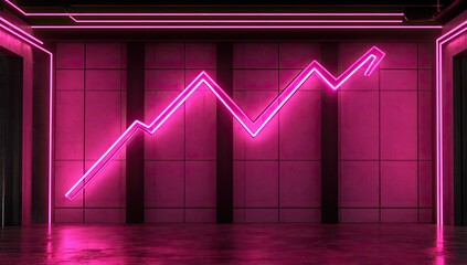 Neon pink graph on a modern, concrete wall.  A stylized upward trend line