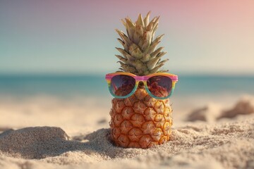 Pineapple Wearing Sunglasses on a Beach