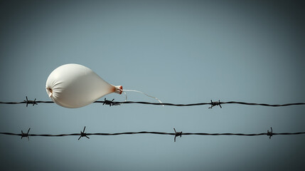 A single deflated balloon caught on a barbed wire fence, Reflecting broken dreams and harsh realities, minimalistic composition