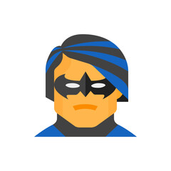 Illustration of a superhero character with a black mask and blue and black hair in a square format