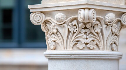 Obraz premium Historic Church Architecture Details Concept, Intricate Floral and Geometric Carvings on Romanesque Capitals Showcasing Artistic Architectural Details