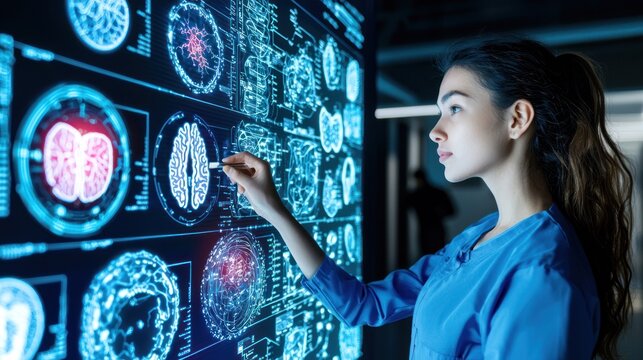 A scientist examines brain scans on a large digital display - Powered by Adobe