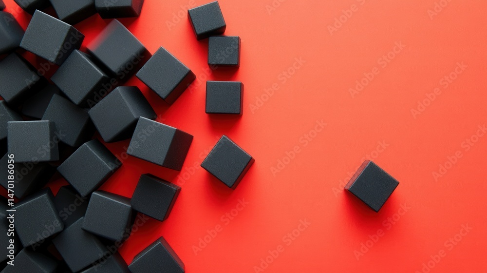 Poster arrangement of textured black cubes against a vibrant red backdrop creating a high-contrast visual t