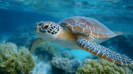 Fototapeta premium Underwater Shot of a Sea Turtle Gliding Through Vibrant Coral Reef in Clear Blue Waters