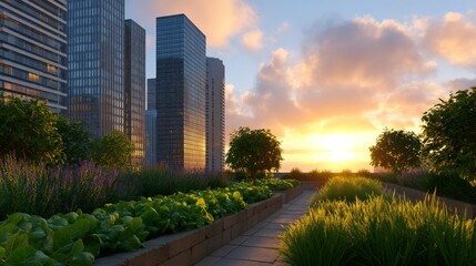 Fototapeta premium Urban Rooftop Garden with Lush Greenery and Colorful Flowers at Sunset with Skyscrapers in Background