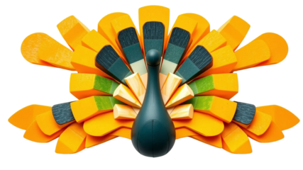 Creative peacock art made with paintbrushes and wood for home decor and artistic expression ideas on transparent background