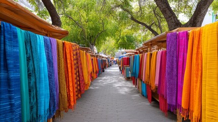 Vibrant Traditional African Marketplace Lined with Colorful Textiles and Scarves Under Green Trees