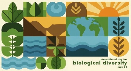 Celebrating Biodiversity: Modern Graphic Poster for International Day, May 22nd with Earth, Leaves, Sun, and Water