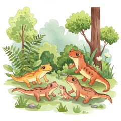 Naklejka premium Watercolor Illustration of Salamander Family in Forest