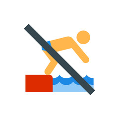 Illustration of a person diving into water from a platform with a prohibition sign over the scene
