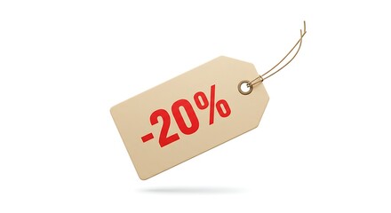 A realistic price tag with string and discount percentage in soft and bold beige and red tones, isolated on a white background
