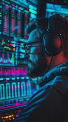 Bearded man wearing headphones, viewing vibrant data screen.