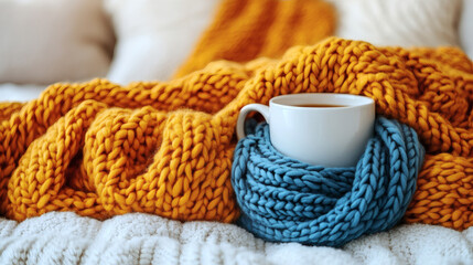 Cozy knitted blanket and mug of tea